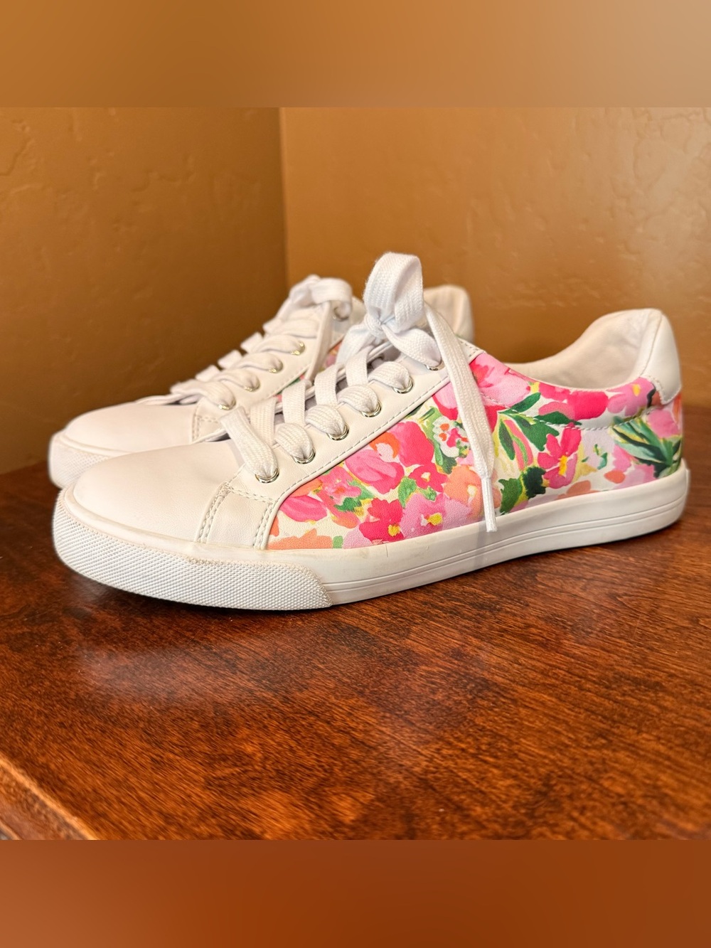Nine West White Sneakers with Pink Floral Side Panels and Green Accents